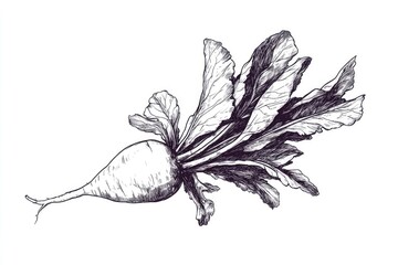 Detailed illustration of a radish with leafy greens, showcasing its organic shape and texture