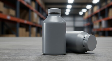 Gray Plastic Bottles in Warehouse Setting Packaging Mockup
