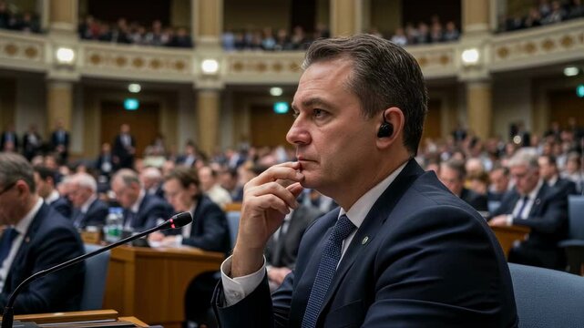 Middle-aged man wearing a suit and earpiece attentively listening during a political conference in a large parliamentary hall filled with delegates, symbolizing diplomacy and leadership