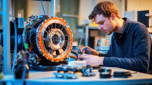 A mechanical engineer designing high efficiency electric motors for electric vehicles, lab with motor prototypes, power electronics