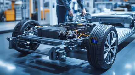 Fototapeta premium A mechanical engineer designing high performance electric vehicle batteries, lab with battery prototypes, testing equipment