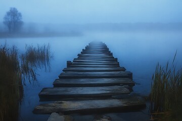 Misty Blue-Hour Seascape with Broken Wooden Pier