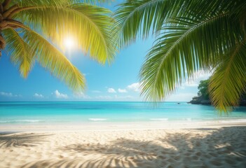 Fototapeta premium A serene beach scene unfolds, framed by lush palm fronds swaying gently in the breeze, with crystal-clear turquoise waters stretching to the horizon. The sun casts a warm, golden glow over the