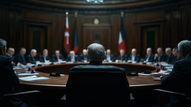 Elderly man in formal suit seated at head of oval table among diplomats in dark wood-paneled chamber with national flags during high-level official meeting, international government summit context