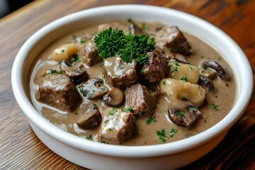 A white bowl holds a creamy stew featuring cubed beef, mushrooms, gnocchi, and parsley. The rich brown sauce coats the ingredients. The dish is presented on a dark wood surface