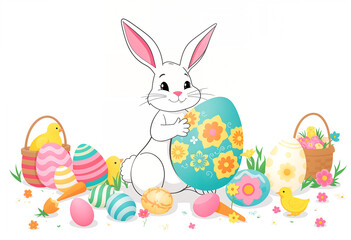 Fototapeta premium white rabbit surrounded by painted eggs, flowers, wicker baskets, chickens, holding a large Easter egg, on a white background