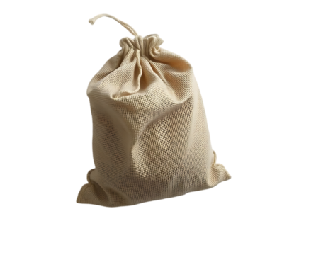 Beige burlap sack with drawstring closure.