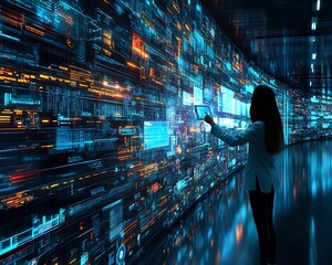 A person using a digital tablet to interact with data display