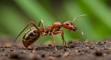 Detailed Close-up of a Red Imported Fire Ant on Soil with Green Backdrop