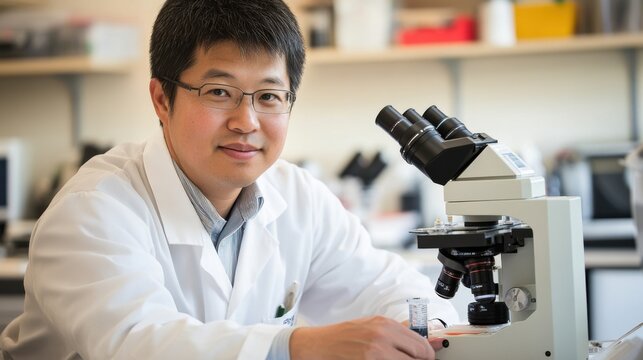 A nanomaterials scientist creating self healing materials for construction, research lab with material samples, microscopes