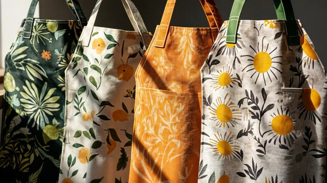 A clean shot of branded gardening aprons styled with modern design elements.