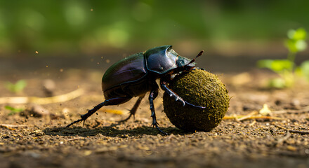 Dedicated dung beetle diligently rolling its prize across the textured ground