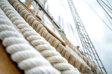 Obraz premium Close-up of thick ship ropes coiled on a wooden deck, suggesting nautical adventure and maritime heritage.