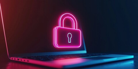Cyber security Awareness password training concept. Neon lock symbol on a laptop screen representing cybersecurity.
