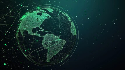 Naklejka premium Dynamic Green Digital Globe with Network Connections, Illustrating Global Connectivity and Technology Integration
