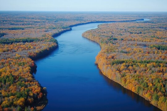 Itasca. Mississippi River in Bemidji Minnesota: Beautiful Autumn Landscape near Highway 2