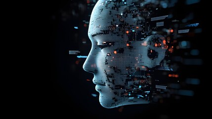 Abstract digital human face representing artificial intelligence, big data, and cyber security in a futuristic 3D illustration.
