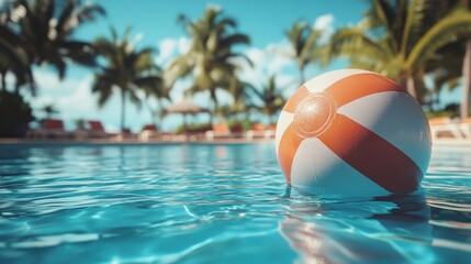 Floating beach ball invites relaxation in a sunlit tropical paradise pool