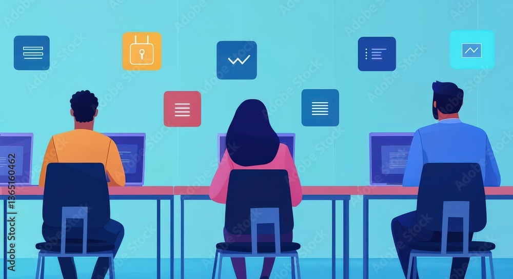 Aufkleber cyber security awareness password training concept. three people working on computers in a colorful 