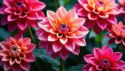 Fototapeta premium Intricate dahlia blooms, vibrant petals, layered design, textile, dahlia, dahlia blooms