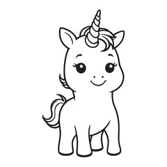 A black and white vector silhouette of a baby unicorn with a thick, wavy mane and a shy smile on a white background