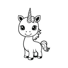 A simple black and white vector illustration of a baby unicorn with stars around it, creating a magical look on a white background