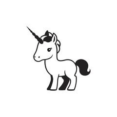 A black and white vector silhouette of a baby unicorn prancing with its horn glowing on a white background