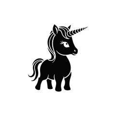 A simple black and white vector silhouette of a baby unicorn with sparkly eyes and a chubby body on a clean white background