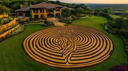 Naklejka premium Aerial view of a sprawling estate showcasing a unique circular labyrinth design within its manicured lawn