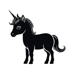 A black and white vector silhouette of a baby unicorn sitting with a tiny horn and a cute expression on a white background