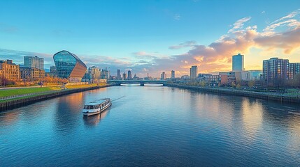 Fototapeta premium Skyline of Glasgow at Pacific Quay, Modern Architecture and River Views