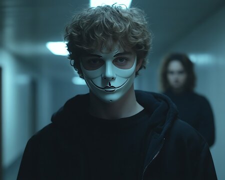 A young man with a mask is looking forward