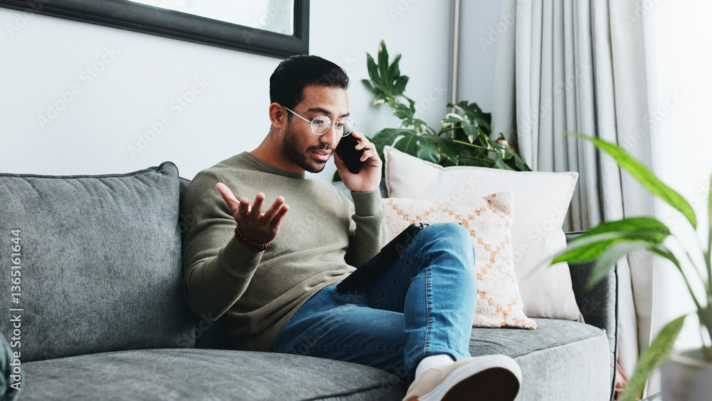 Poster phone call, frustrated and man on sofa in home for communication, social networking and chatting. li