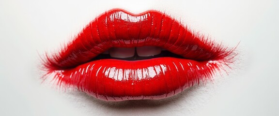 Obraz premium The image showcases a stunning close-up of perfectly shaped lips adorned with a vibrant, glossy red lipstick that exudes confidence and allure. The smooth texture and rich color create a striking