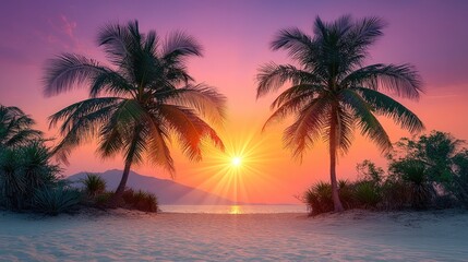 Obraz premium Serene beach sunset with palm trees framing a stunning view of the sun setting over the ocean and distant mountains