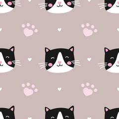 Vector seamless pattern with playful kittens and hearts. Ideal for kids clothing, nursery decor, and animal-themed designs. Bright and colorful for a trendy look
