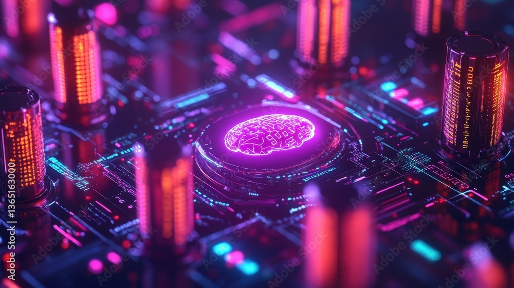 Poster a vibrant, abstract depiction of a digital neural network, highlighting a central brain-like structu