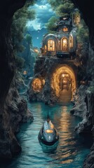 Fototapeta premium Secluded cave house by a glowing river