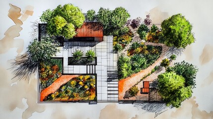 Landscape Design Sketch: Patio Garden with Walkways and Planting Beds