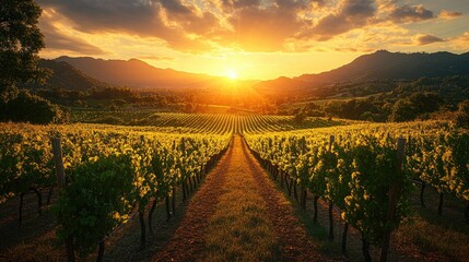 Naklejka premium Golden sunset illuminating lush vineyards with rolling hills in the background, creating a serene and idyllic ambiance