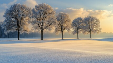 Frosty sunrise illuminates four snow-covered trees in a serene winter field