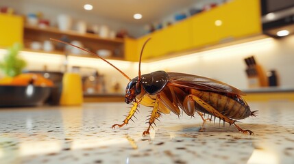 Close-up view of a cockroach crawling on a kitchen countertop in a modern home environment with yellow accents and soft lighting