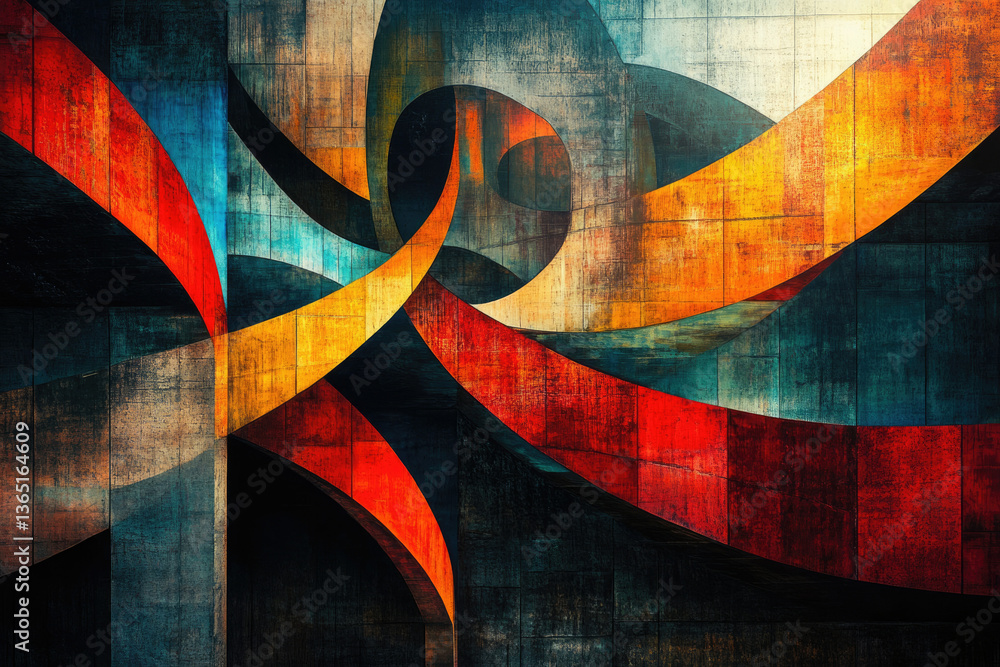 Poster abstract artwork featuring swirling, textured shapes in red, orange, blue, and grey, creating a dyna
