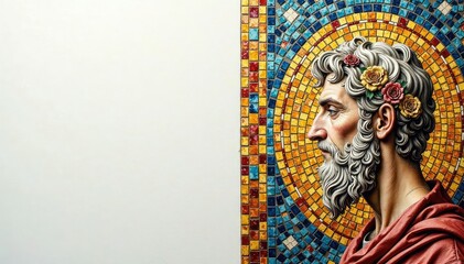 Fototapeta premium Intricate Roman mosaic detail against pure white, craft, background, photo