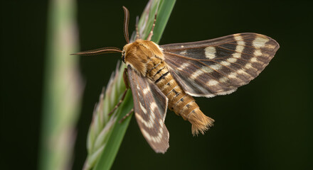 Detailed macro photo showcasing a Plume Moth clinging to green grass blade