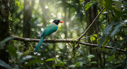Fototapeta premium Enchanting Javan Green Magpie Perched Gracefully in Tropical Rainforest Canopy