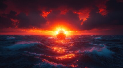 Ship sailing through stormy sea at sunset.