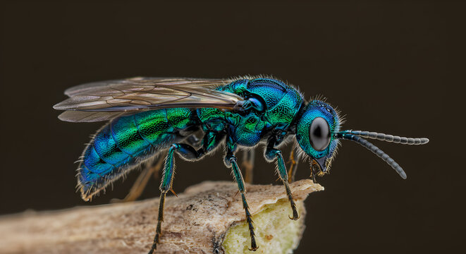 Detailed Macro Portrait of a Blue and Green Parasitoid Wasp on a Twig