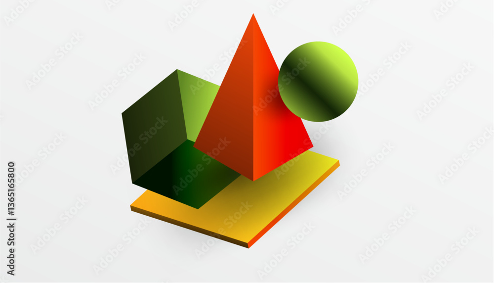 Poster abstract design showcasing isometric cubes, pyramids, squares, and spheres in a vibrant 3d layout. m