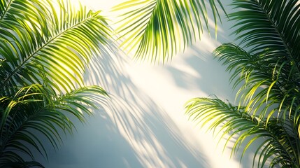 Fototapeta premium Lush green palm leaves casting shadows on a bright background